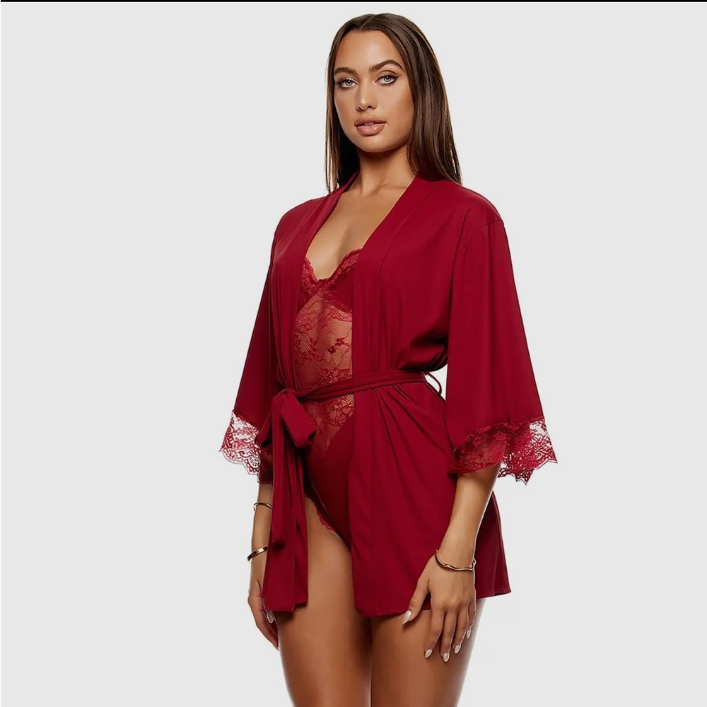 NWT Ribbed Lounge | Lace Trim Robe Lingerie - Picture 3 of 5